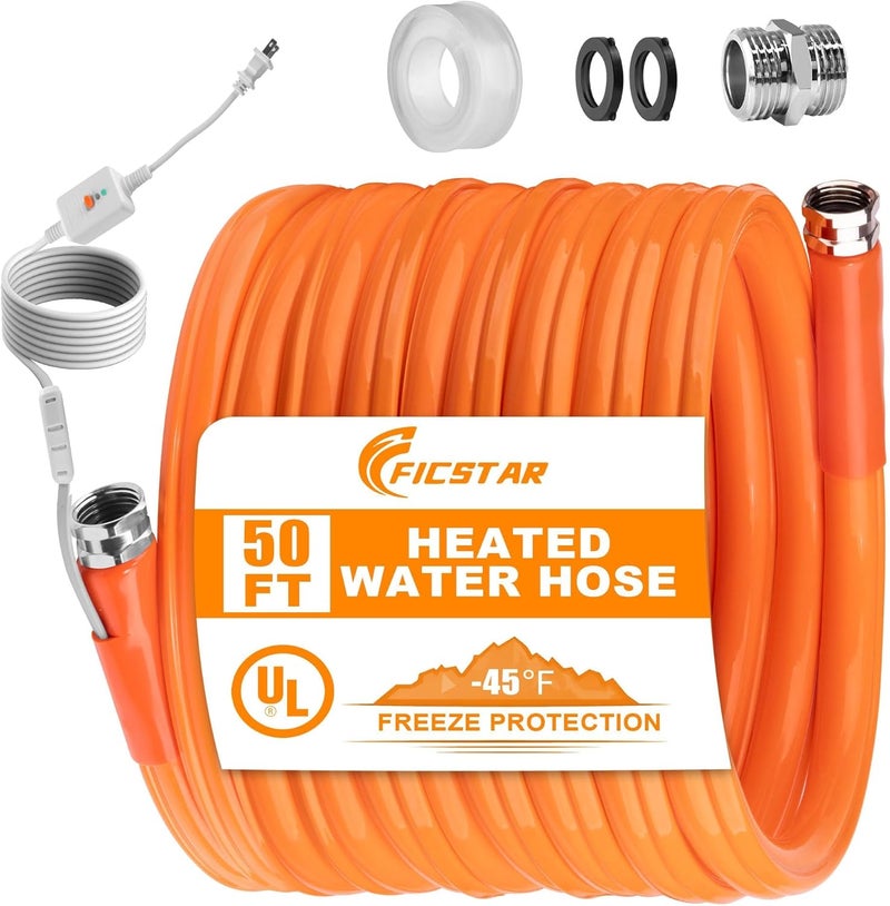 Ficstar 50FT Heated Drinking Water Hose for RV, Heated Water Hose Antifreeze to -45°F, 5/8" I.D. with 3/4" GHT Adapter, Lead and BPA Free,No Odor - Image 1